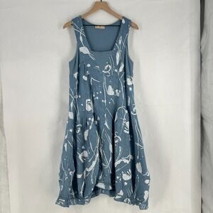 Lands Downunder Linen Dress Womens Large Blue‎ Abstract Knit Ribbed Square Neck